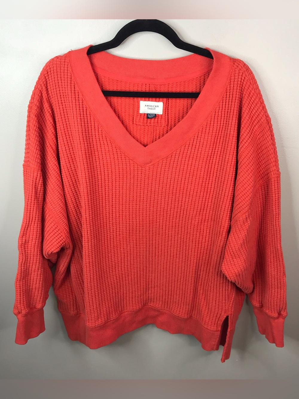 American Eagle Outfitters Coral Waffle-Knit V-Neck Pullover Sz XL